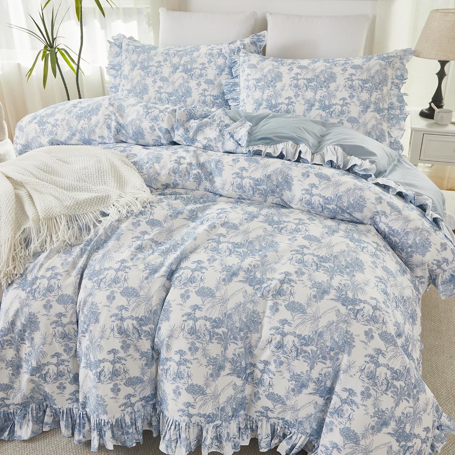 Brandream French Country Toile Duvet Cover Set Full Size for Girl Women 100% Cotton Luxury Cottagecore Bedroom Decor Blue French Toile Botanical Print Bedding with Romantic Ruffled Trim