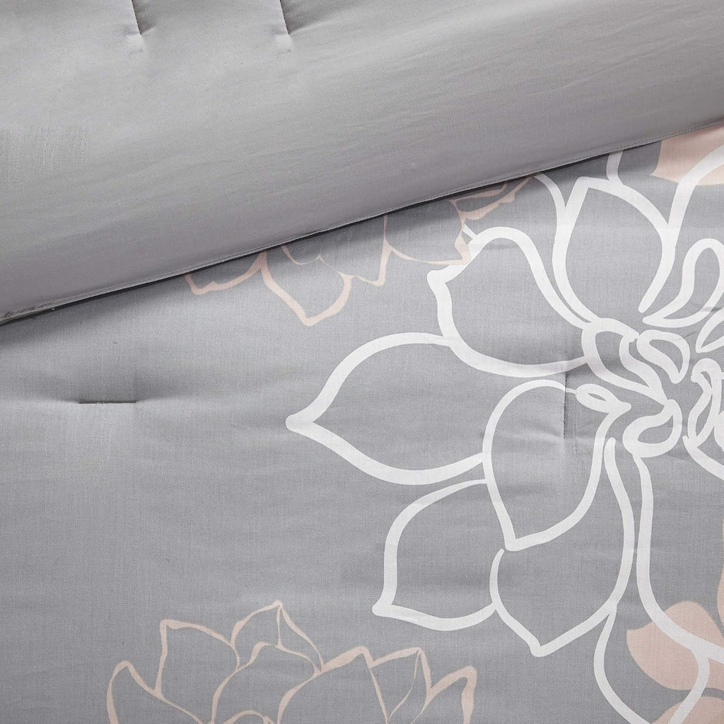Madison Park Lola Sateen Cotton Comforter Set-Casual Medallion Floral Design All Season Down Alternative Bedding, Shams, Bedskirt, Decorative Pillows, Cal King(104'x92'), Taupe Grey/Peach, 7 Piece