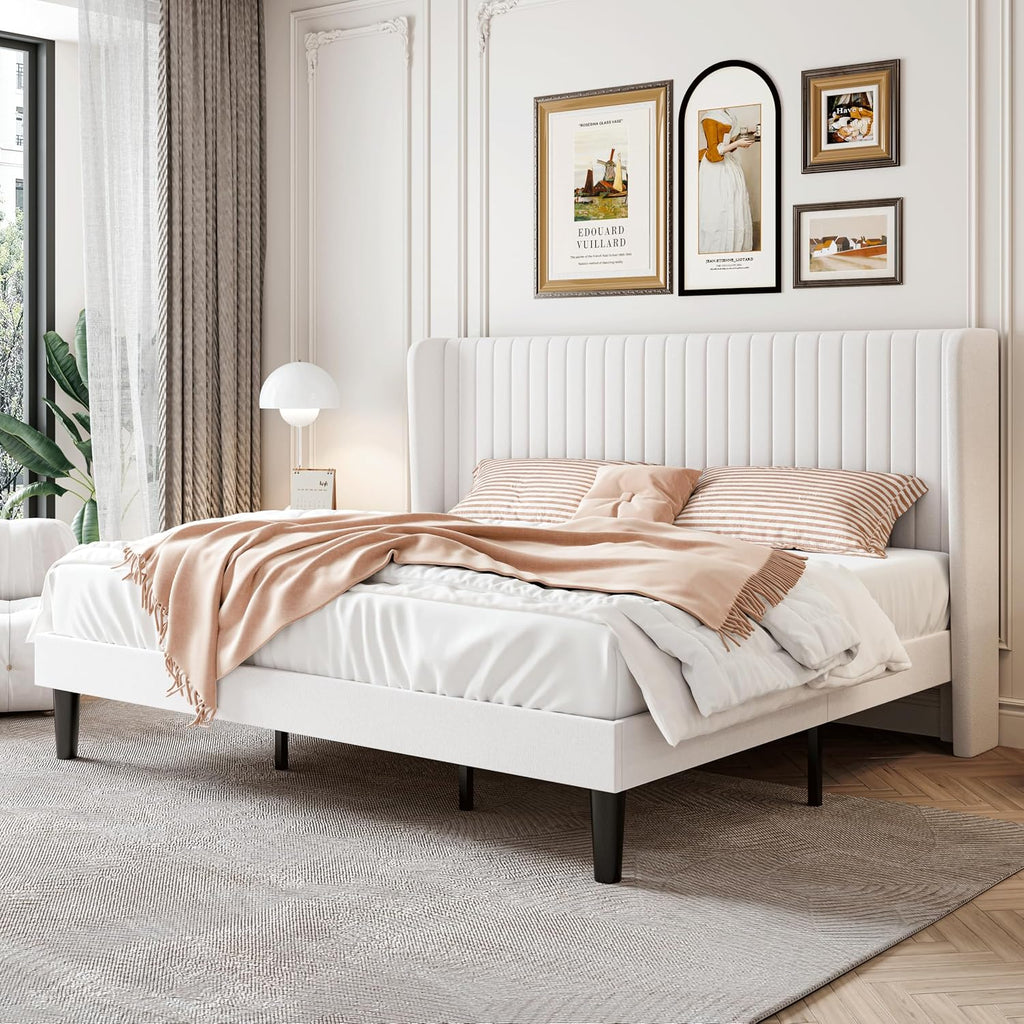 SHA CERLIN King Size Velvet Bed Frame with Vertical Channel Tufted Wingback Headboard, Upholstered Platform Bed with Wood Slats, No Box Spring Needed, Easy Assembly, White