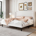 SHA CERLIN King Size Velvet Bed Frame with Vertical Channel Tufted Wingback Headboard, Upholstered Platform Bed with Wood Slats, No Box Spring Needed, Easy Assembly, White