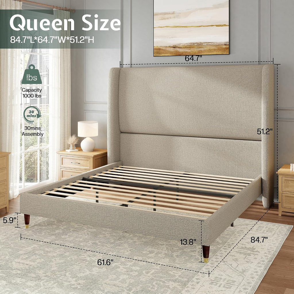 Jocisland Queen Size Bed Frame 51.2' Wingback Headboard Linen Upholstered Platform Bed with Solid Wood Legs & Wooden Slats, No Box Spring Needed, Modern Minimalist Style, Easy Assembly, Brown