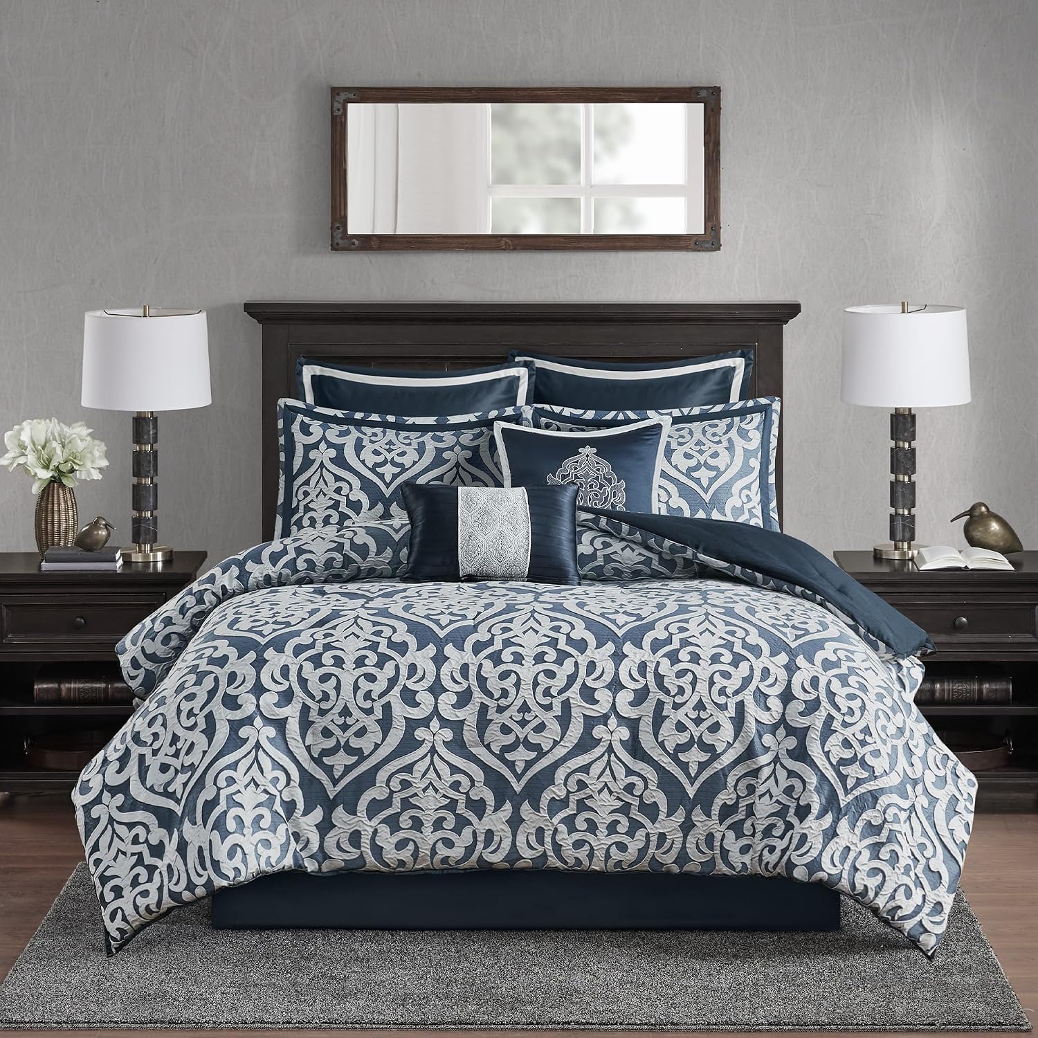 Madison Park Odette Cozy Comforter Set Jacquard Damask Medallion Design - Modern All Season, Down Alternative Bedding, Shams, Decorative Pillows, King(104 in x 92 in), Navy 8 Piece