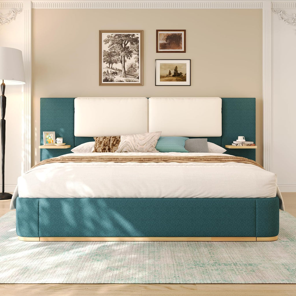 Merax King Size Upholstered Platform Bed Frame with Large PU Leather Headboard and Bothside Shelves, Modern Bedroom Furniture & Solid Wood Slats Support, No Box Spring Needed, Easy Assembly, Green