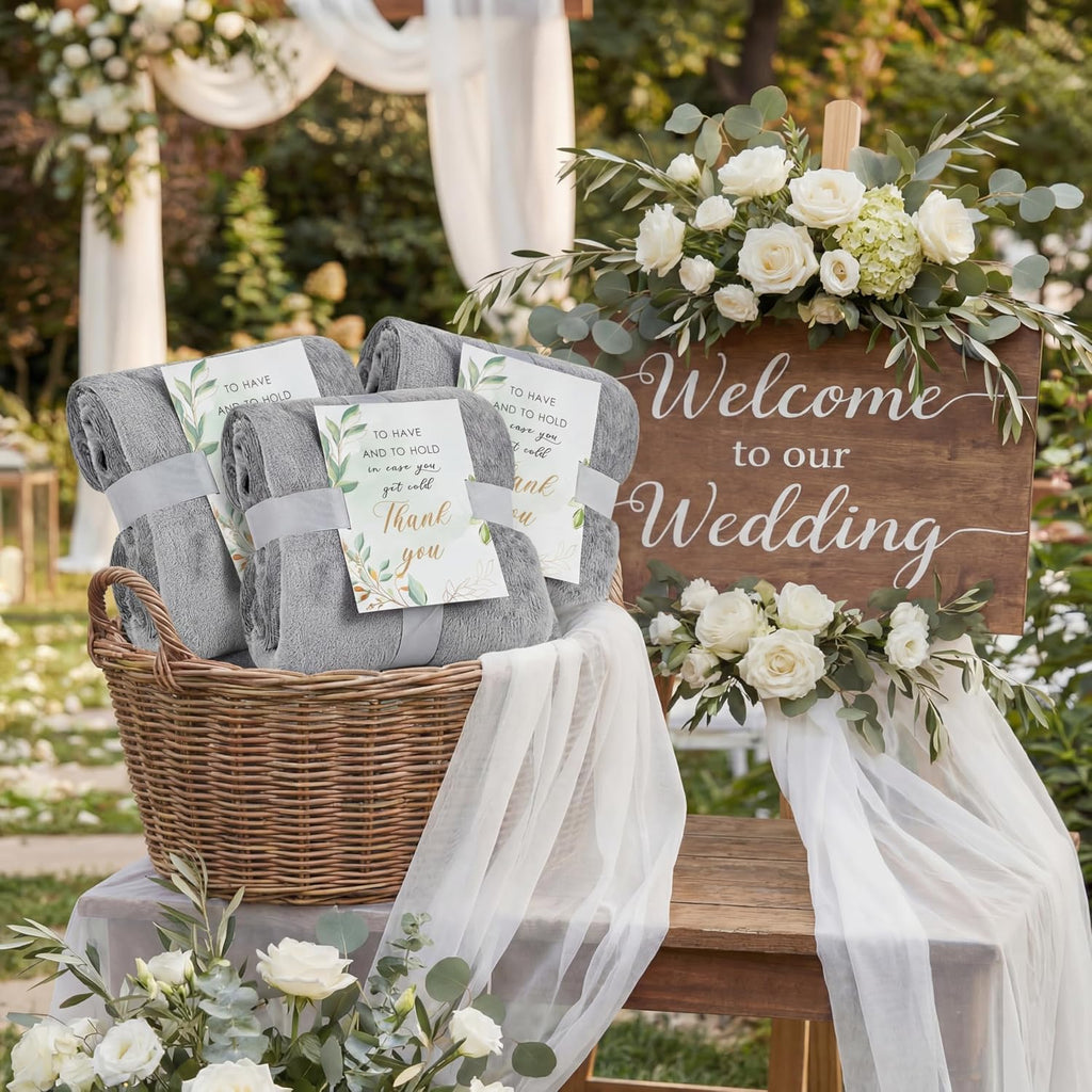 Buryeah 24 Pack French Grey Oeko-Tex Certified Bulk Wedding Blankets for Guests, 50 x 60 Inch Flannel Throw with Thank You Cards & Ribbon, Bulk Wedding Souvenir Gifts, Spa & Sleepover Party Favors