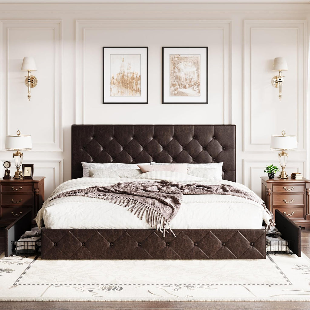 SHA CERLIN Upholstered King Size Platform Bed Frame with 4 Storage Drawers, Adjustable Headboard with Diamond Stitched Button Tufted Design, Wooden Slat Support, No Box Spring Needed, Black Brown