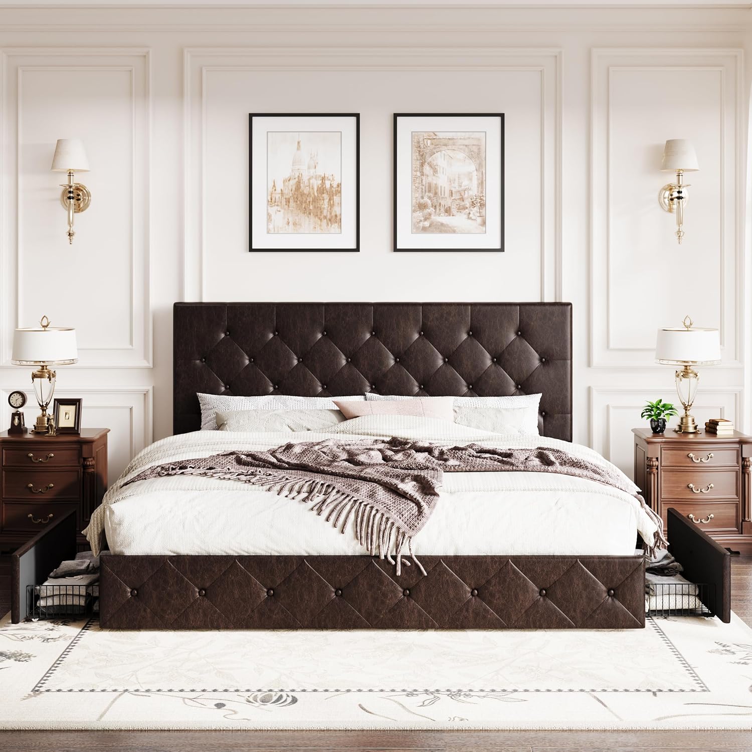 SHA CERLIN Upholstered King Size Platform Bed Frame with 4 Storage Drawers, Adjustable Headboard with Diamond Stitched Button Tufted Design, Wooden Slat Support, No Box Spring Needed, Black Brown