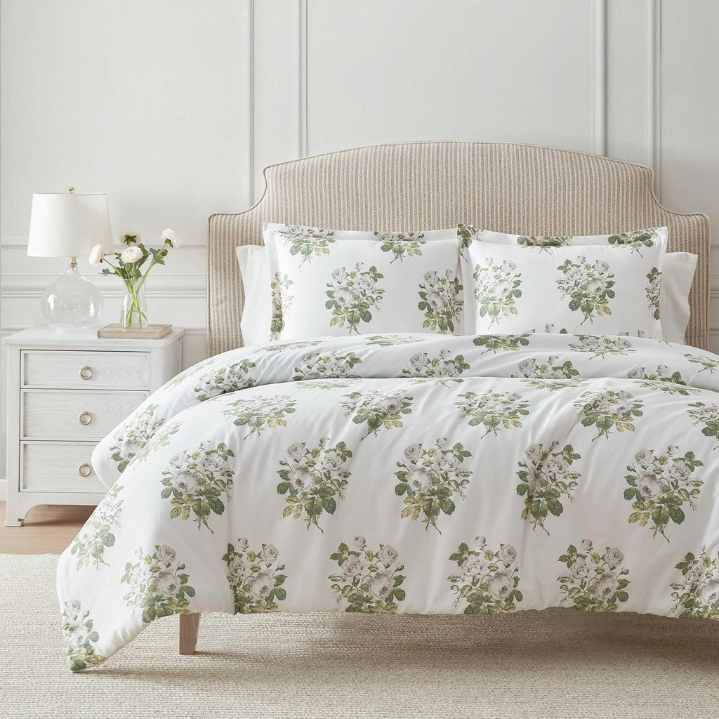 Martha Stewart - King Comforter Set, Smooth Sateen Front with Subtle Sheen & Lightweight Cotton Percale Reverse, 3 Piece Bed Set with Matching Pillowcases (Eloise Floral Grey)