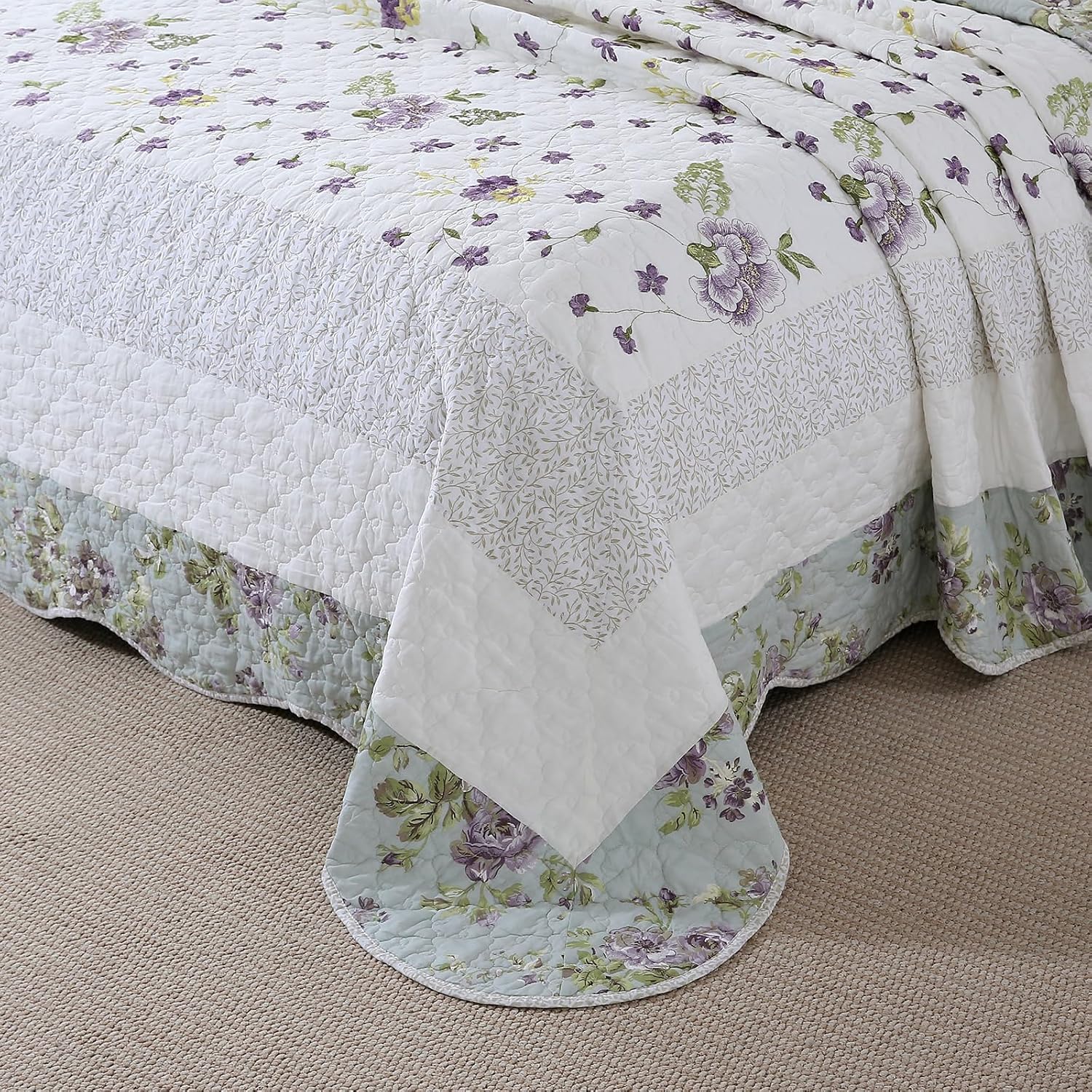 vctops 3-Piece Elegant Floral Embroidered Bedspread Coverlet Set Oversize Queen 100% Cotton Reversible Patchwork 1 Quilt and 2 Pillow Shams (Flower H,Oversize Queen)