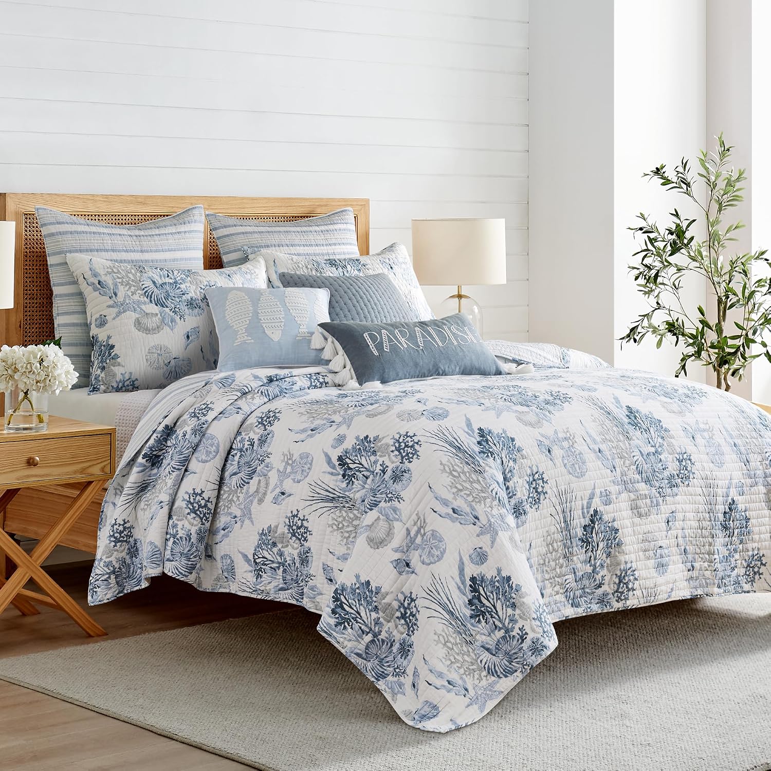 Levtex Home - Coral Landing Quilt Set - Full/Queen Quilt and Two Standard Shams - Coastal - Navy Blue Grey White - Quilt (88x92in.) and Shams (20x26in.) - Reversible - Cotton