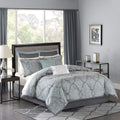 Madison Park Lavine Cozy Bed in a Bag Comforter Set, Traditional Luxe Jacquard Design All Season Down Alternative Bedding with Cotton Bed Sheets, Bed Skirt & Pillows, Queen Blue 12 Piece