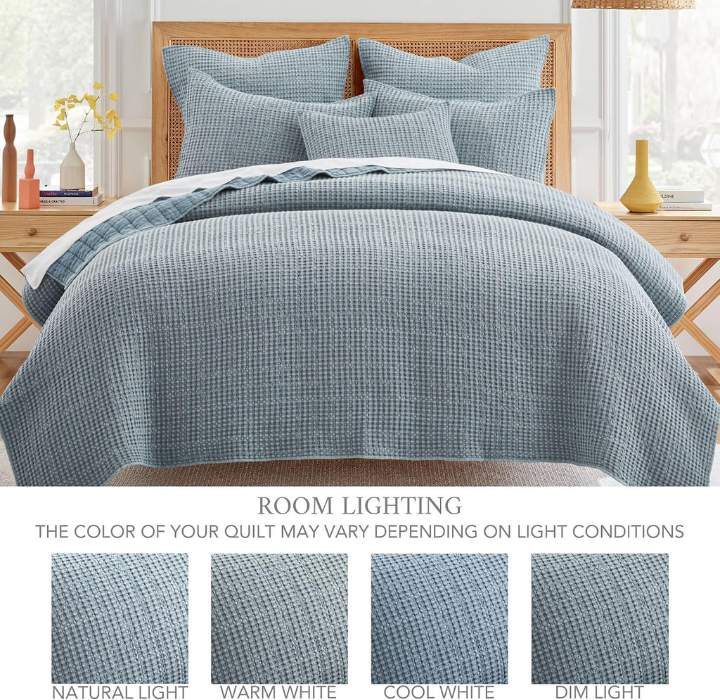 Levtex Home Mills Waffle King/Cal King Quilt Set (106x92in) with 2 Pillow Shams (36x20in) - Chambray - Cotton Waffle King Size Quilt Bedding Set - Lightweight, Soft, Pre-Washed