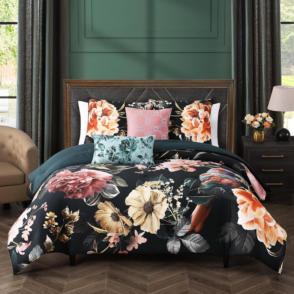 Bebejan Botanical Birds 5 Piece Comforter Set, 100% Cotton Sateen, 220 Thread Count, Black Reversible Bedding Comforter Set, 1 Comforter, 2 Shams & 2 Pillows (King/Cal King)