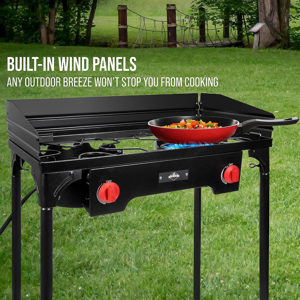 Hike Crew Cast Iron Double-Burner Outdoor Gas Stove | 150,000 BTU Portable Propane Cooktop w/Blue Flame Control, Removable Legs, Temperature Control Knobs, Wind Panel, Hose, Regulator & Storage Case