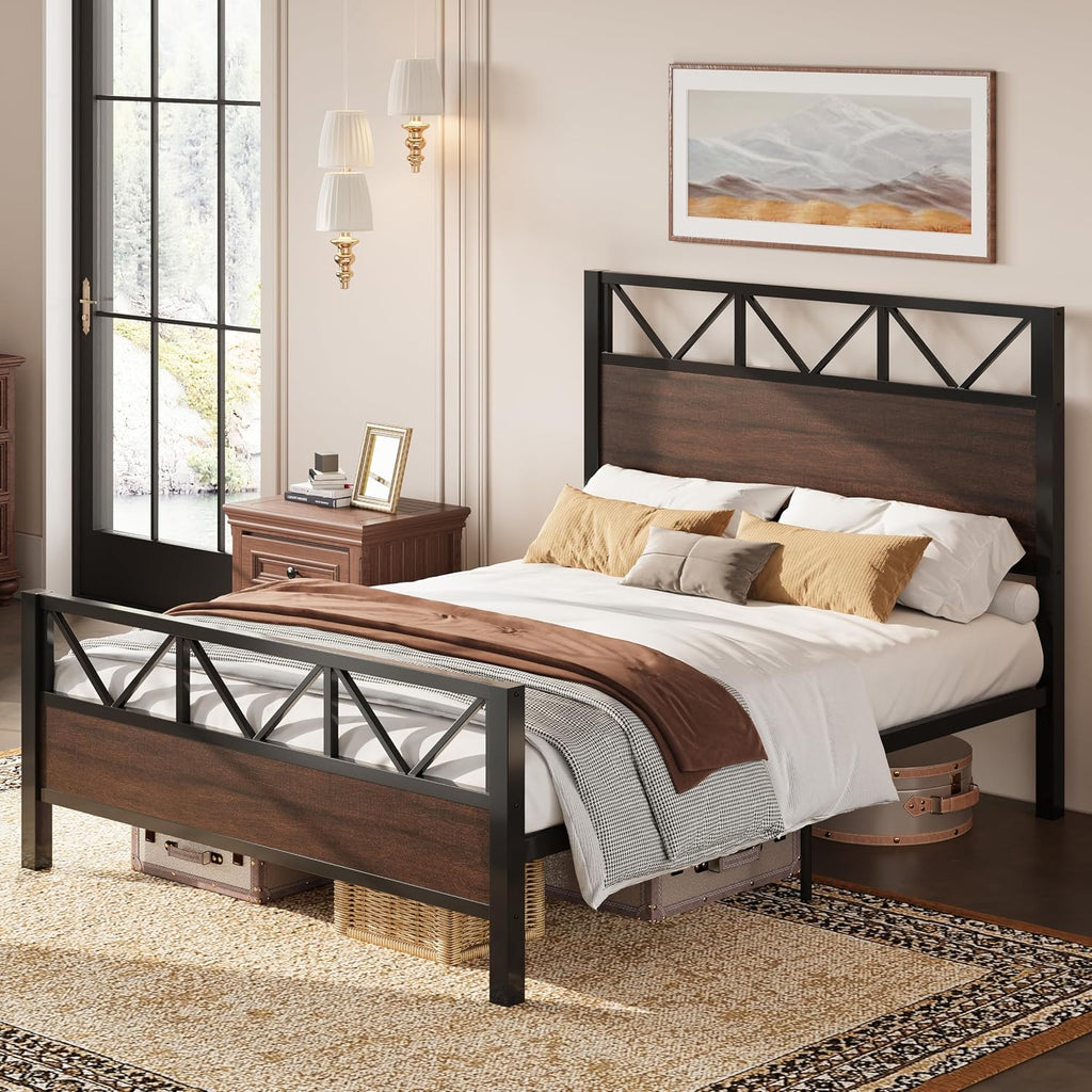 LIKIMIO Queen Bed Frame, Tall Industrial Headboard 51.2 ', Platform Bed Frame with Strong Metal Support, Solid and Stable, Noise Free, No Box Spring Needed, Easy Assembly, Dark Brown