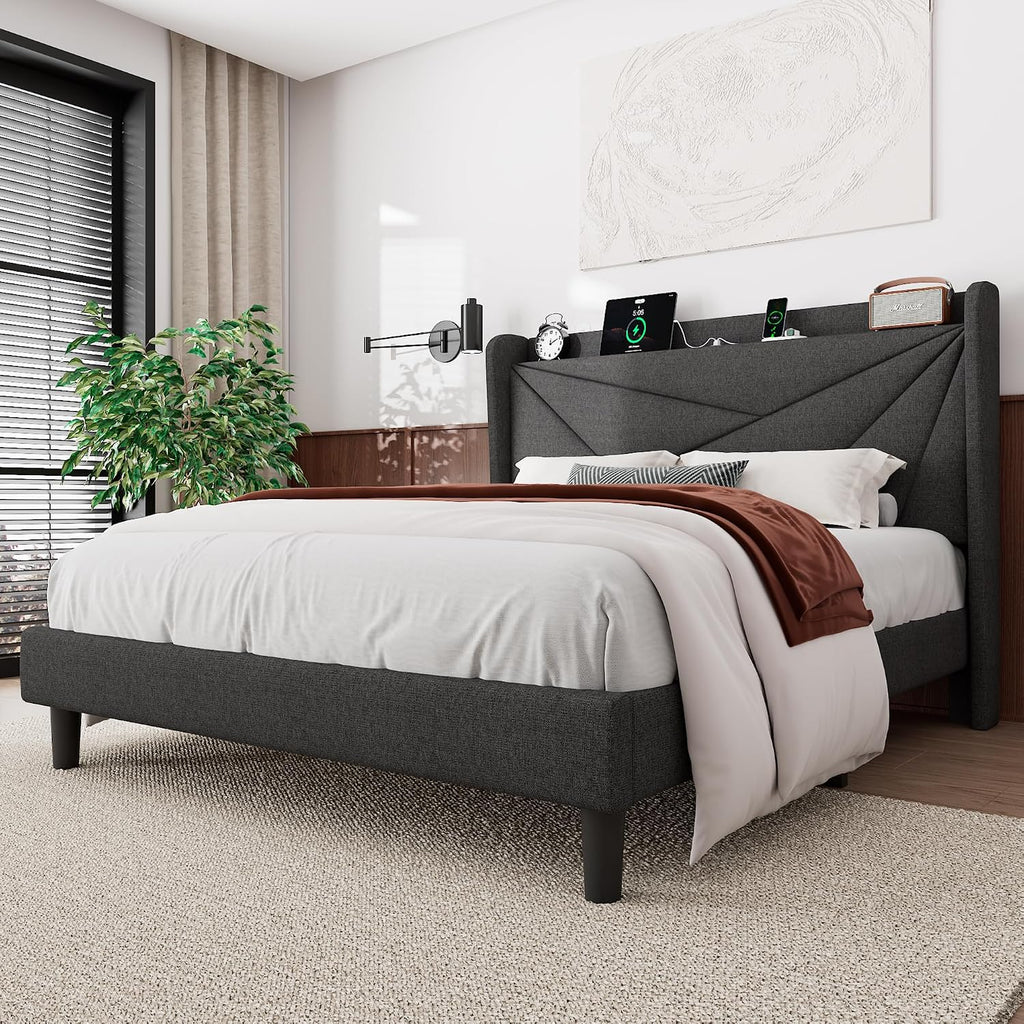 Feonase Full Size Bed Frame with Charging Station, Upholstered Linen Bedframe with Wingback Headboard, Solid Wood Slats Support, Noise Free, No Box Spring Needed, Charcoal Grey