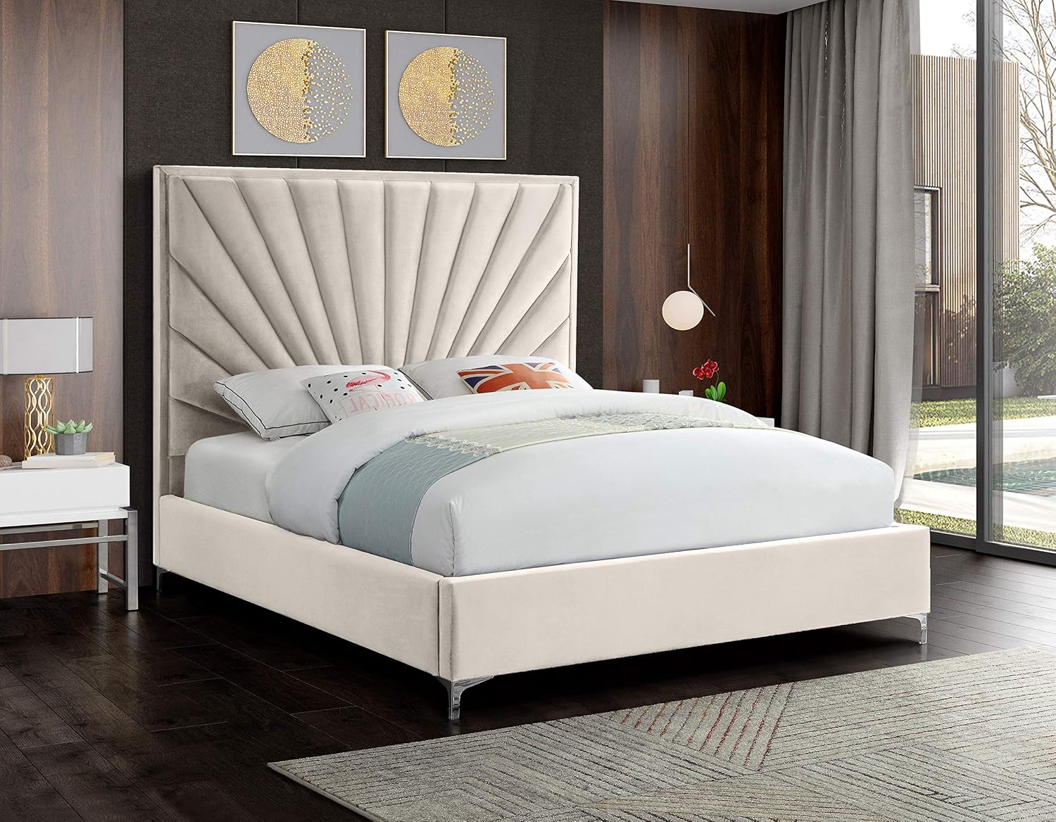 Meridian Furniture Eclipse Collection Modern | Contemporary Velvet Upholstered Bed with Channel Tufted Design and Complete Sets of Gold and Chrome Legs Included, King, Cream