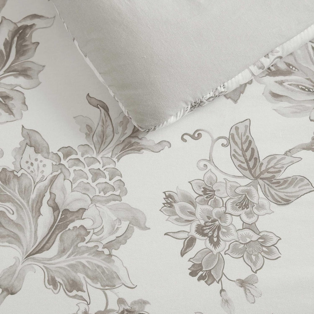 Martha Stewart - Twin Comforter Set, Smooth Sateen Front with Subtle Sheen & Lightweight Cotton Percale Reverse, 2 Piece Bed Set with Matching Pillowcase (Avery Floral Grey)