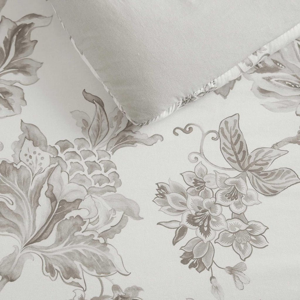Martha Stewart - Queen Comforter Set, Smooth Sateen Front with Subtle Sheen & Lightweight Cotton Percale Reverse, 3 Piece Bed Set with Matching Pillowcases (Avery Floral Grey)