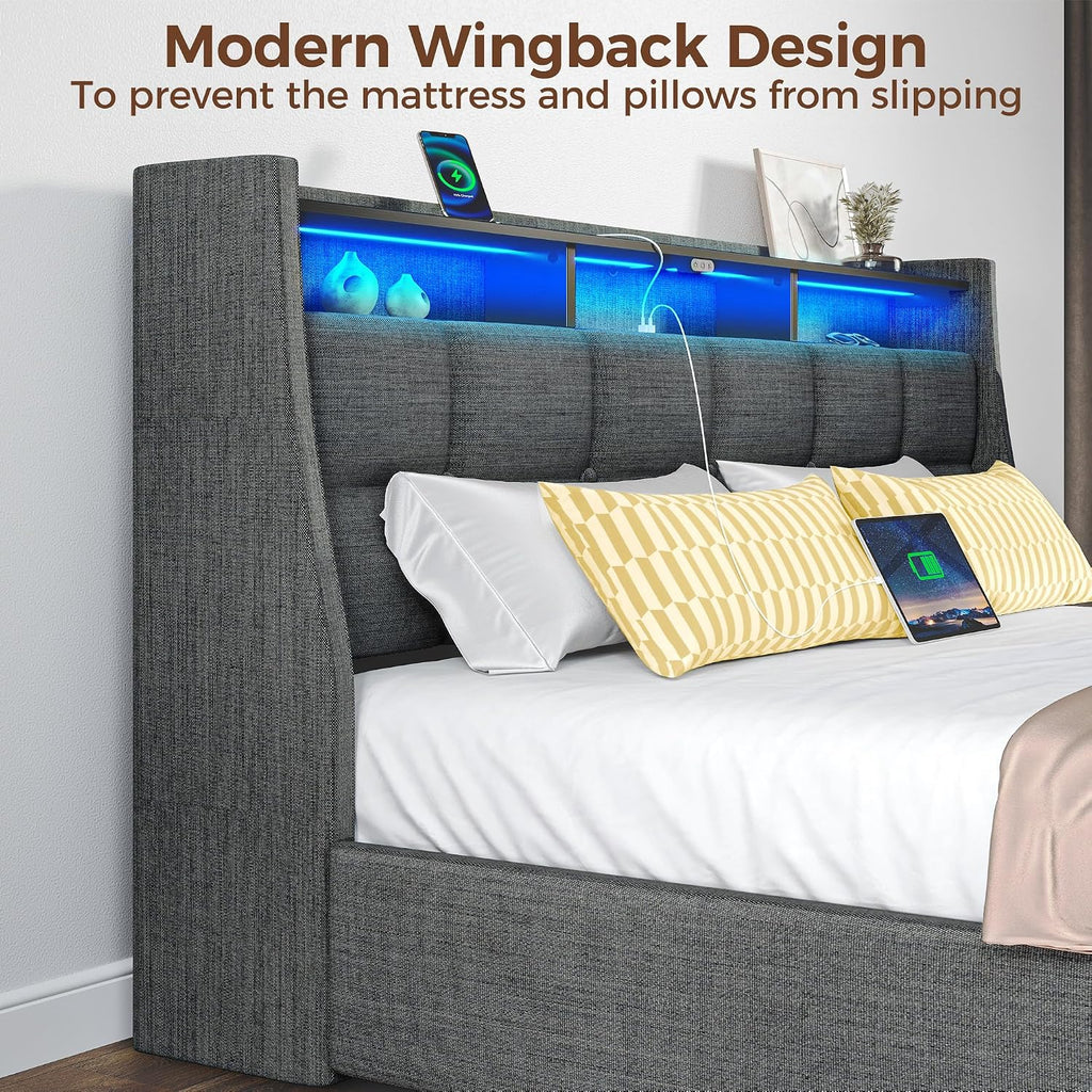 Rolanstar Queen Size Bed Frame with LED Lights and Charging Station, Upholstered Bed Storage Headboard & Drawers, Heavy Duty Wood Slats, Easy Assembly
