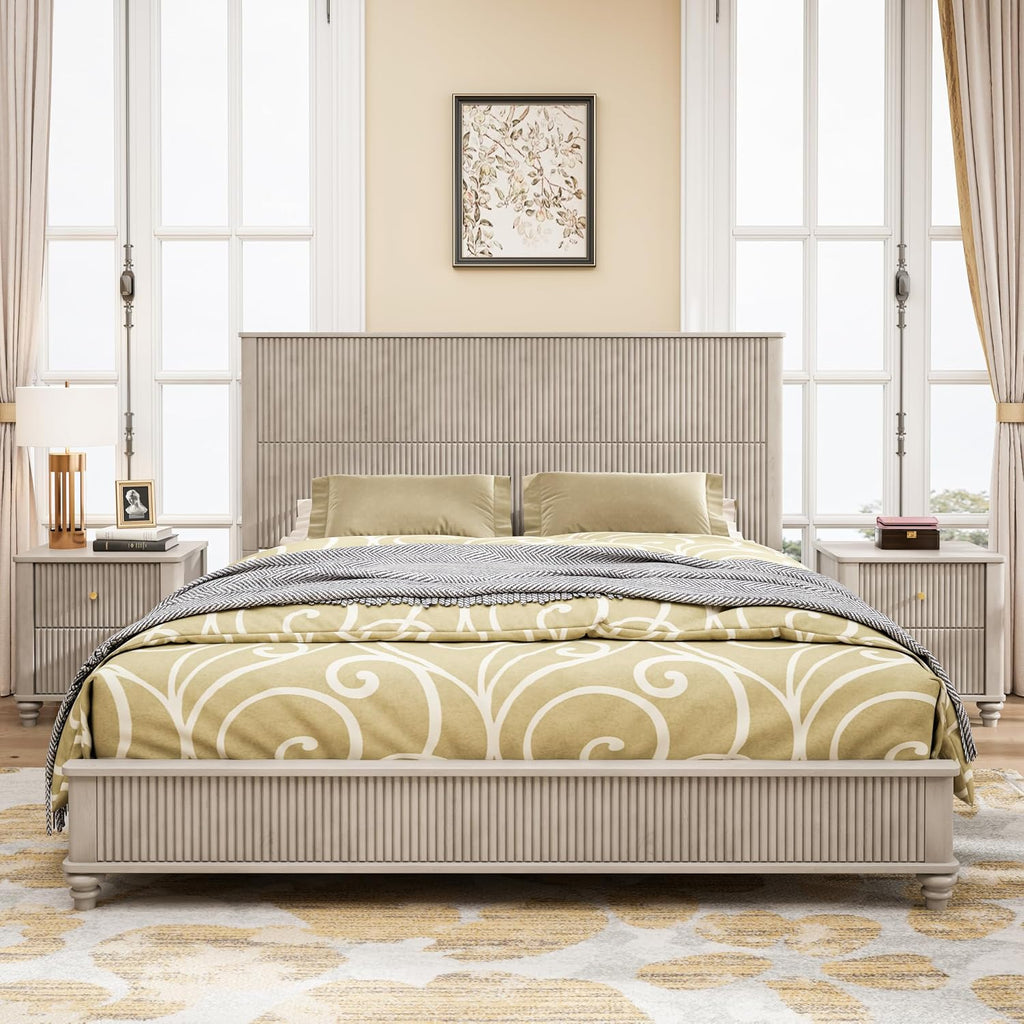 King Size Solid Wood Platform Bed Frame, Wood Platform Bed Frame with 79.13' Headboard, Solid Wood Leg/No Box Spring Needed/Noise Free/Beige
