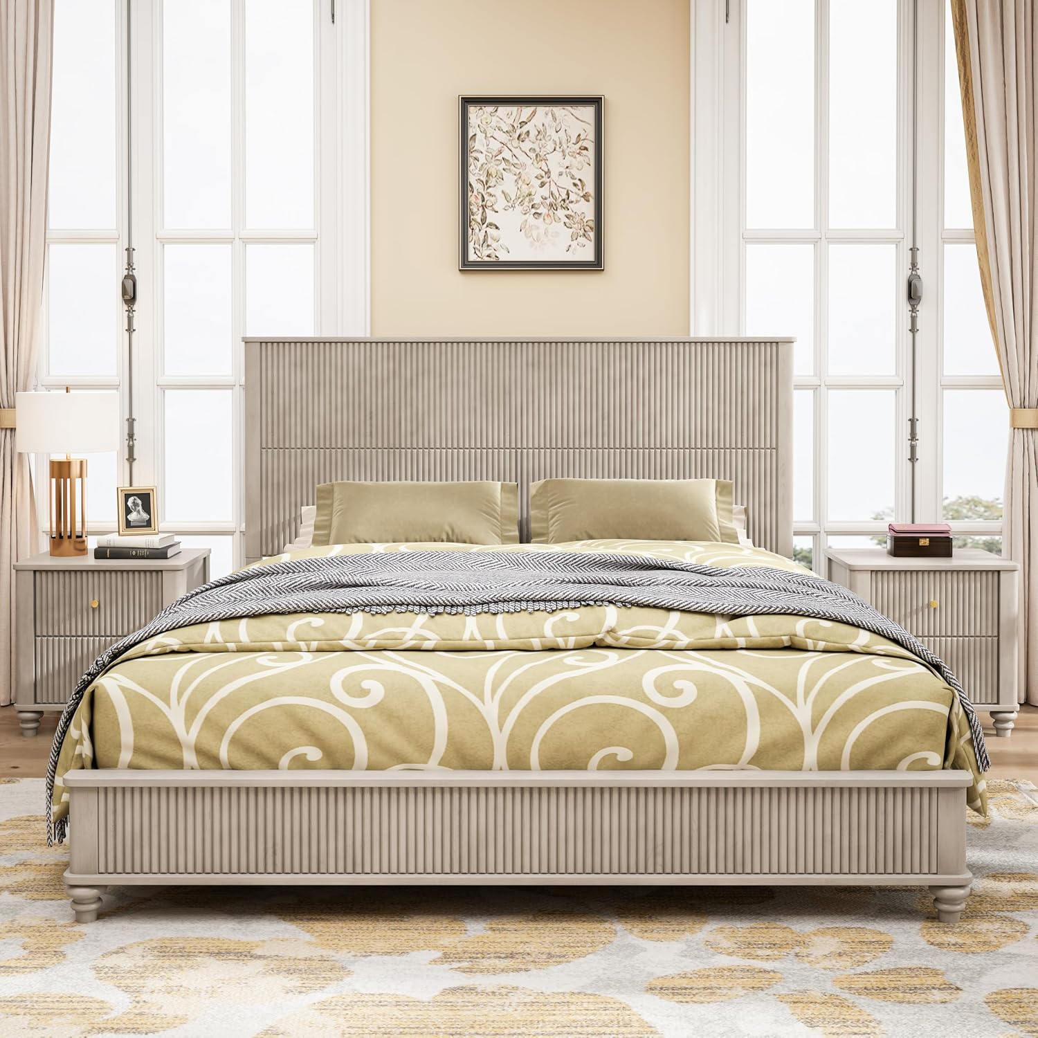 King Size Solid Wood Platform Bed Frame, Wood Platform Bed Frame with 79.13' Headboard, Solid Wood Leg/No Box Spring Needed/Noise Free/Beige
