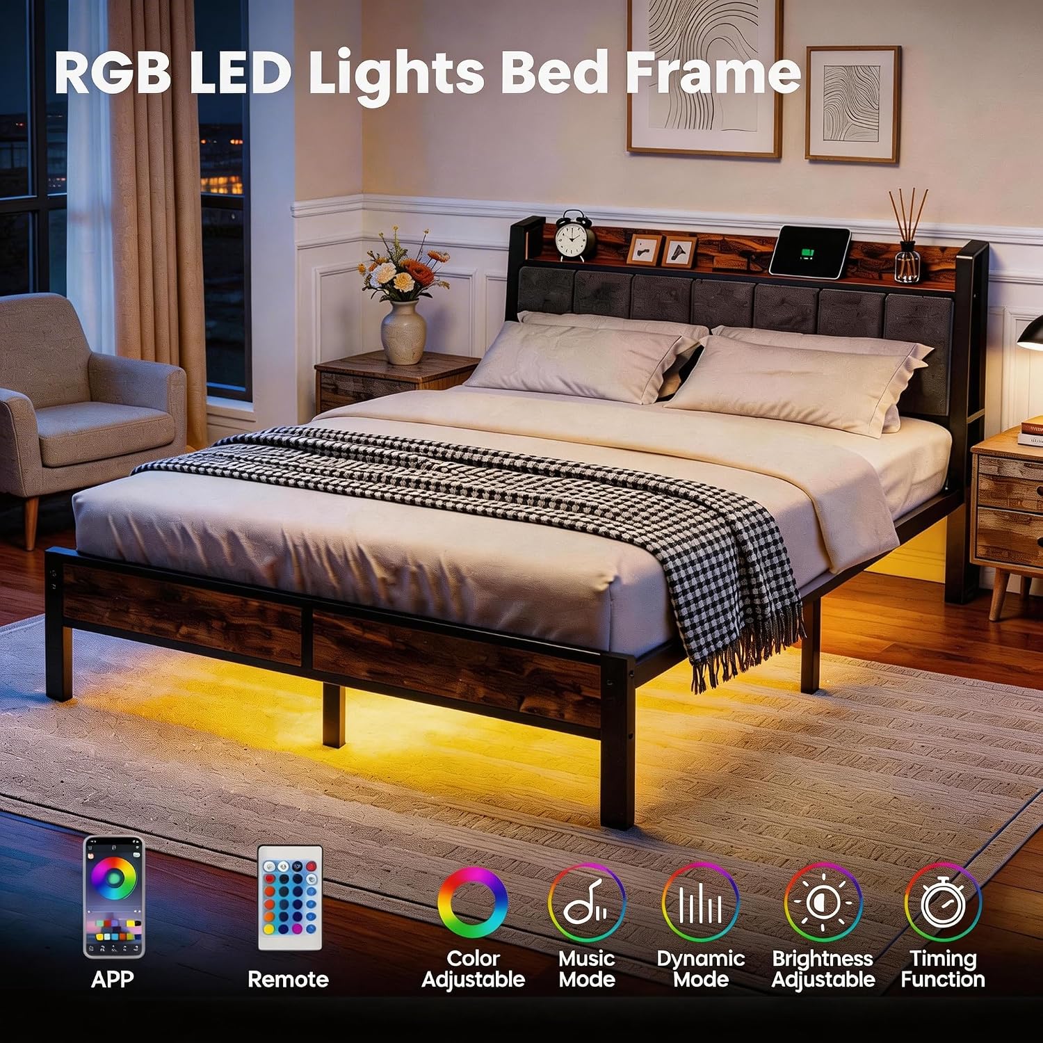 Queen Size Bed Frame with Charging Headboard, Metal Platform Bed with Smart LED Lights, Heavy Duty Metal Slats, No Box Spring Need