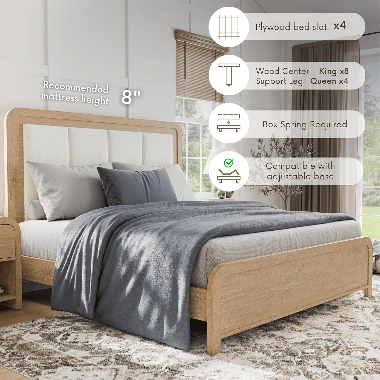 Furniture of America Verena Boho Solid Wood 3-Piece Bedroom Set with Padded Headboard Bed, Metal Side Glide, Finger Pulls on Nightstand and Chest, Box Spring Needed, Queen, Natural