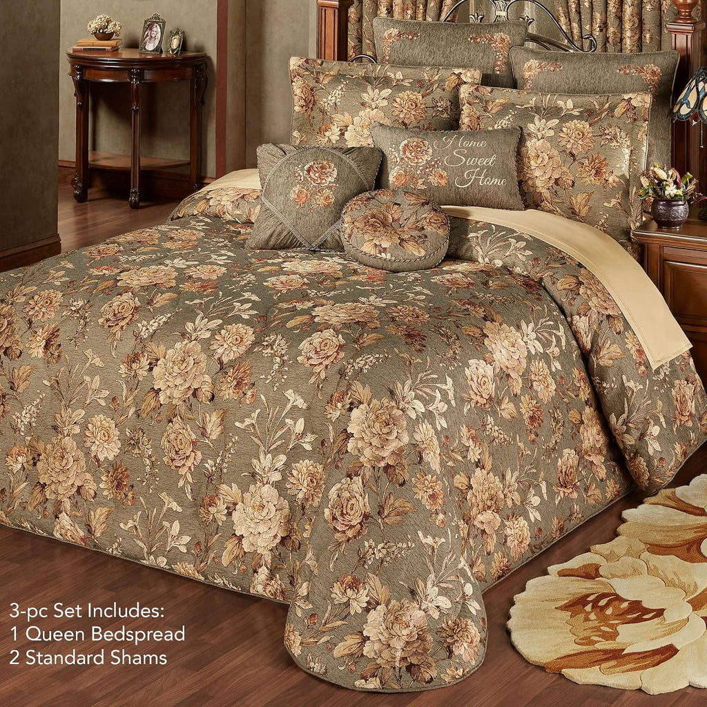 Rhapsody Floral Luxury Bedding | 3 Piece Oversized Bedspread Set: Queen Bedspread, 2 Standard Shams | Sophisticated | Flower | Woven | Rich Stately Elegant | Traditional Style