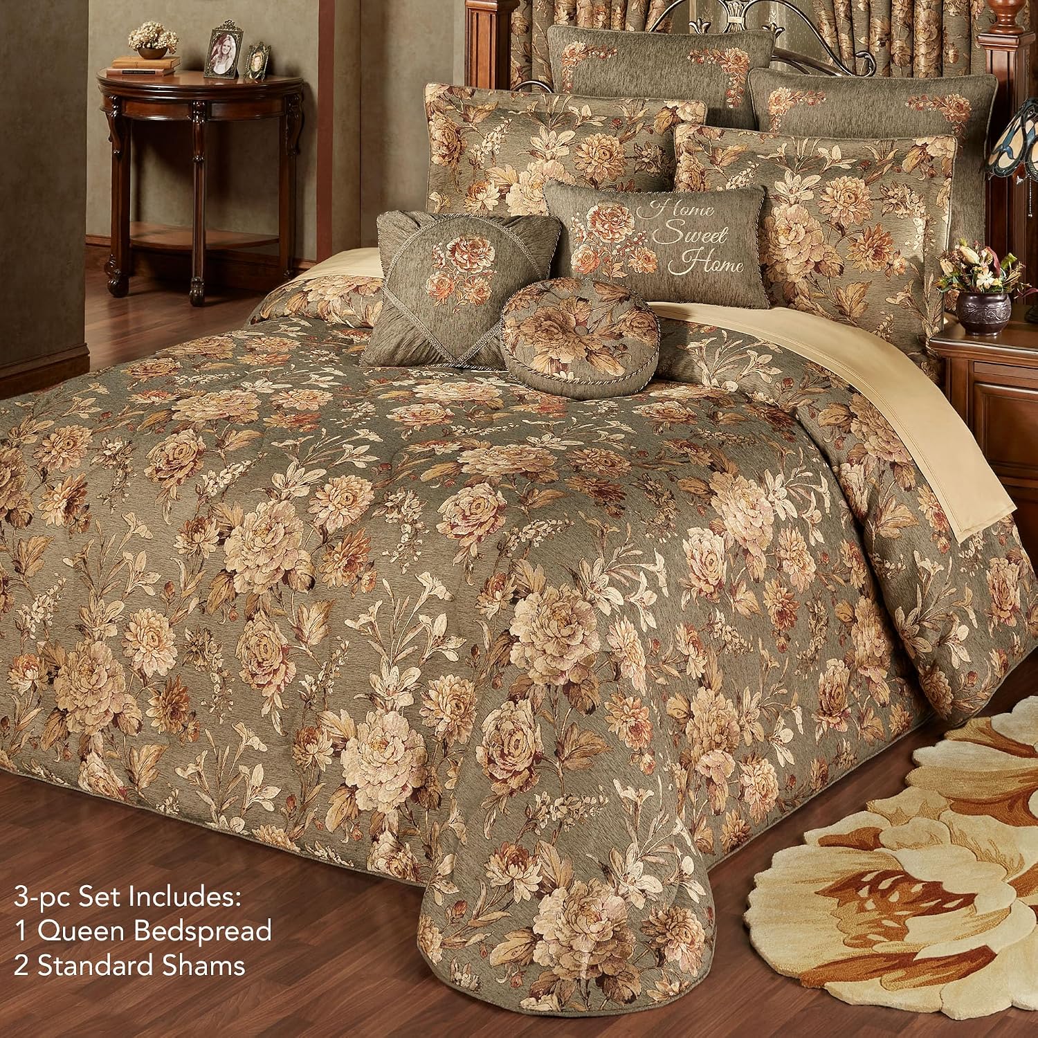 Rhapsody Floral Luxury Bedding | 3 Piece Oversized Bedspread Set: Queen Bedspread, 2 Standard Shams | Sophisticated | Flower | Woven | Rich Stately Elegant | Traditional Style