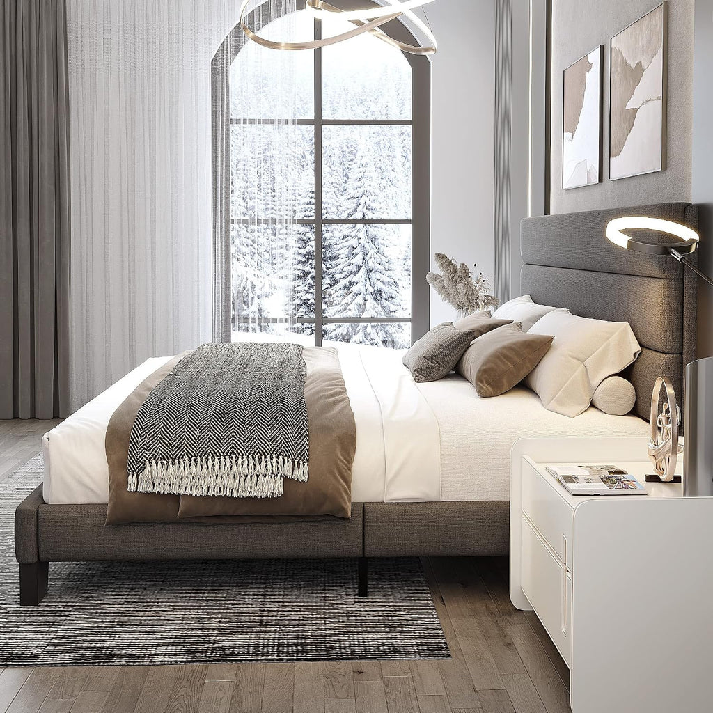WEEWAY King Bed Frame Platform Bed with Linen Fabric Upholstered Headboard and Wooden Slats Support, Heavy Duty Mattress Foundation, No Box Spring Needed, Easy Assembly, Dark Grey