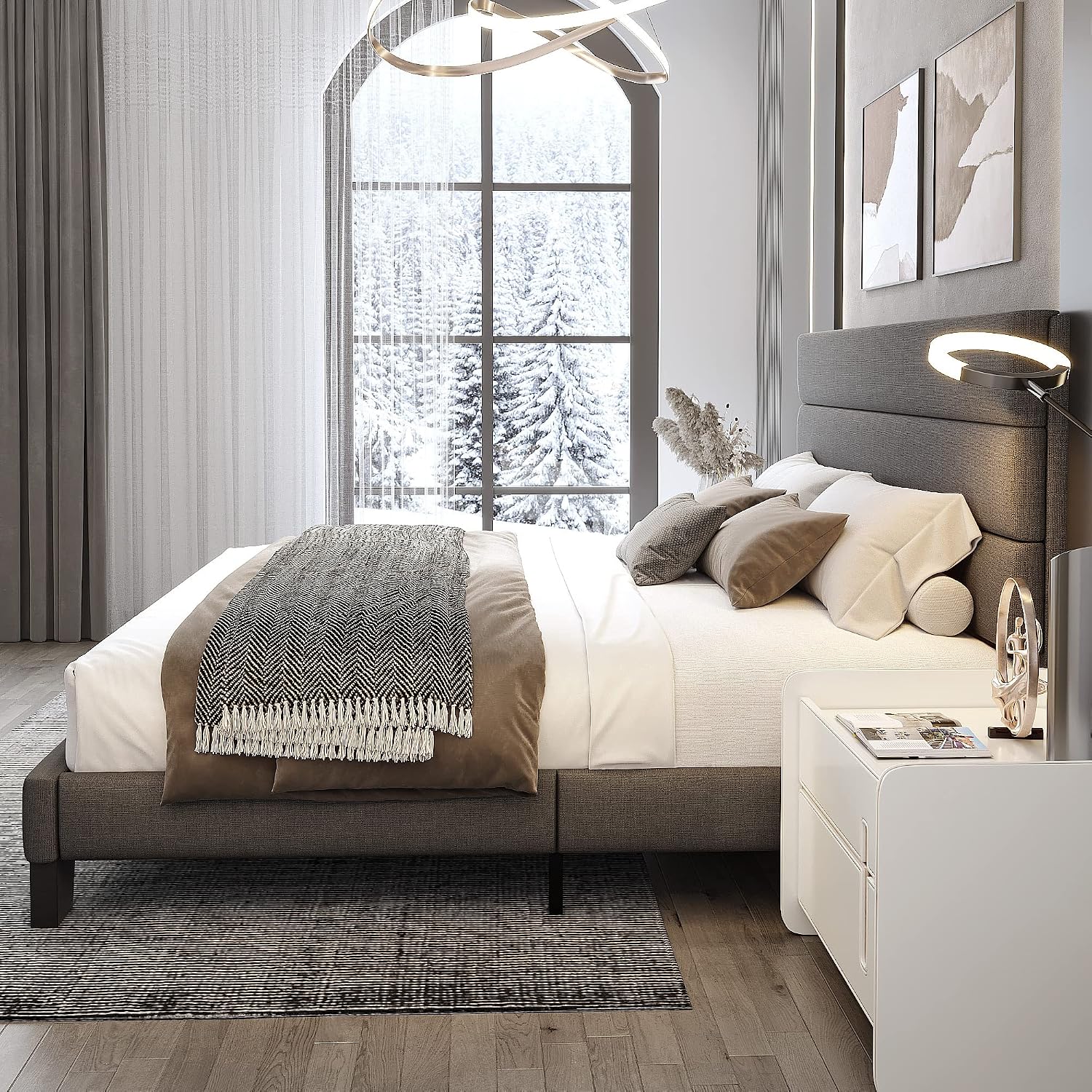 WEEWAY King Bed Frame Platform Bed with Linen Fabric Upholstered Headboard and Wooden Slats Support, Heavy Duty Mattress Foundation, No Box Spring Needed, Easy Assembly, Dark Grey