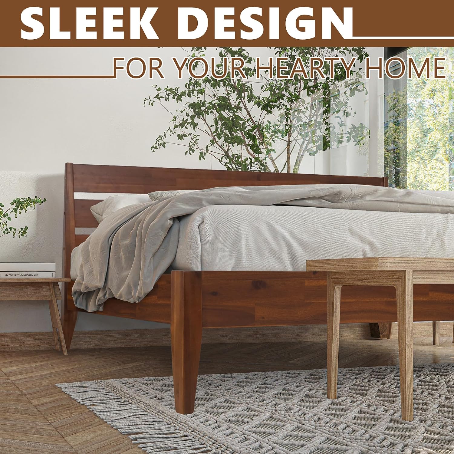Acacia Emery Bed Frame with Headboard Solid Wood Platform Bed, King Size Bed Frame, Mid - Century Modern Wood Bed Compatible with All Mattresses, Easy Assembly, Non-Slip, Chocolate.