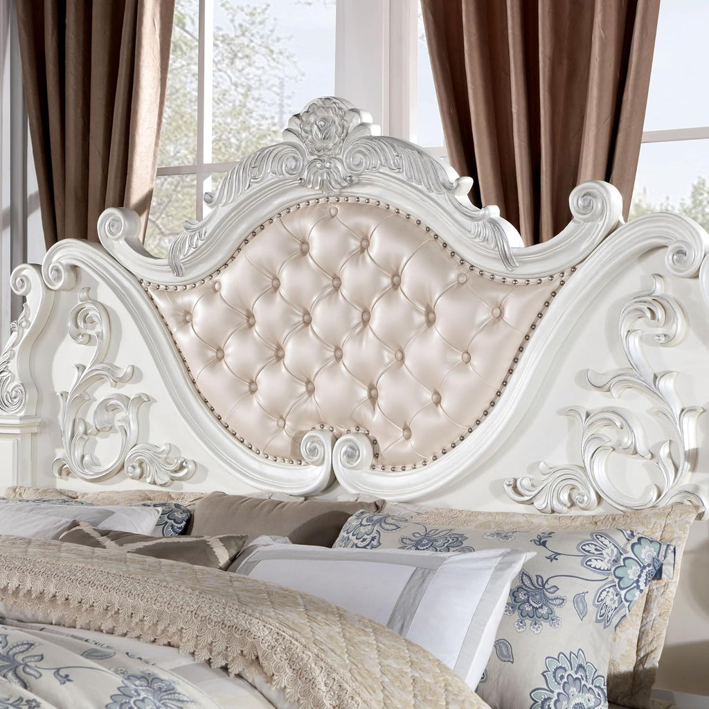 Furniture of America Clairibel Traditional Wood Eastern King-Size Bed with Button-Tufted Headboard and Carved Details, Box Spring Required for Bedroom, Guess Room, Pear White
