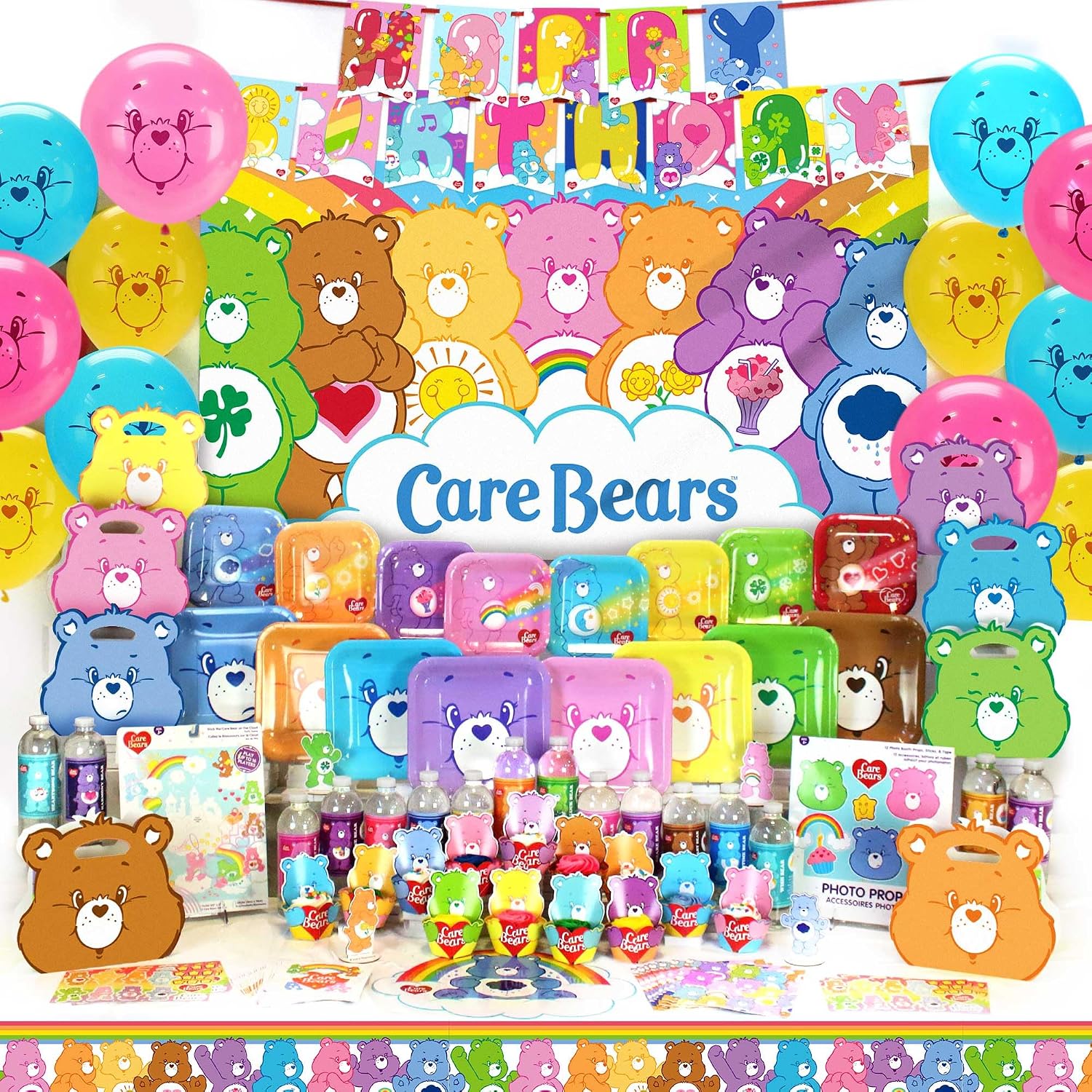Care Bears Ultimate Party Pack (for 24 Guests)- Plates, Napkins, Wall Mural, Cupcake Wrappers, Photo Props, 3'x5' Banner for Nostalgic Birthdays, Baby Shower, Gender Reveal Party, and 1st Birthdays