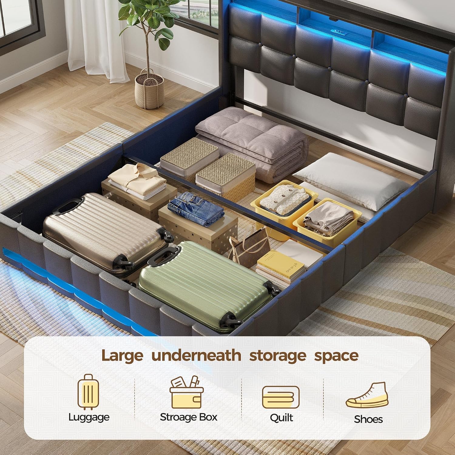 Rolanstar Bed Frame Twin Size with Lift Up Storage, Charging Station & LED Lights, Upholstered Storage Headboard, Heavy Duty Wooden Slats, No Box Spring Needed, Noise Free, Easy Assembly, Black