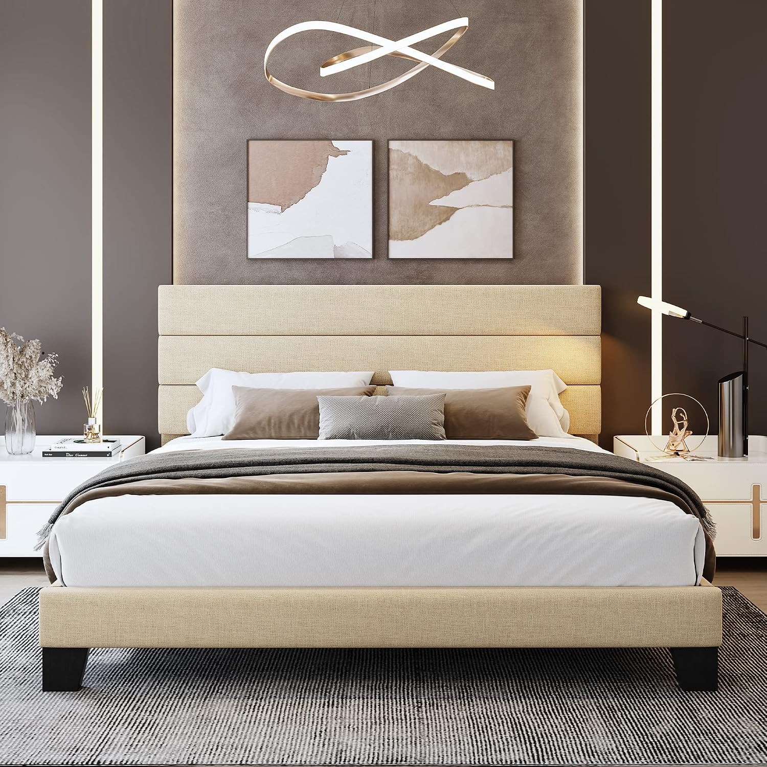 WEEWAY King Bed Frame Platform Bed with Linen Fabric Upholstered Headboard and Wooden Slats Support, Heavy Duty Mattress Foundation, No Box Spring Needed, Easy Assembly, Beige