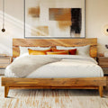 Acacia Aurora Wooden Bed with Headboard, King Size Bed Frame, 800lbs Capacity Wood Bed Compatible with All Mattress Types, Non-Slip & Noise-Free, Wood Slats Support, Easy Assembly, Caramel.