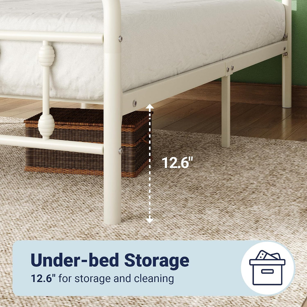 Allewie 14 Inches Full Size Metal Platform Bed Frame with Victorian Style Iron-Art Headboard/Footboard, Mattress Foundation, Easy Assembly, Under Bed Storage, No Box Spring Required, Off White