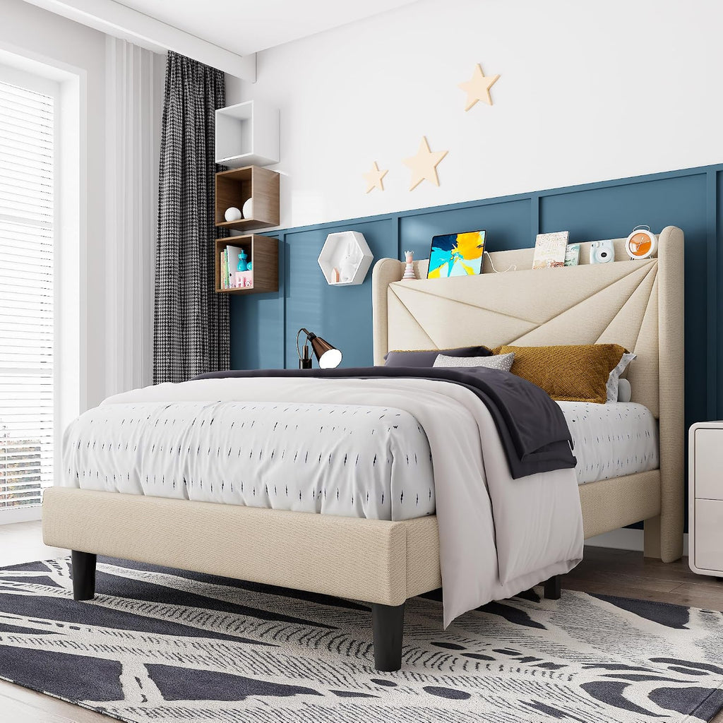 Feonase Twin Size Bed Frame with Charging Station, Upholstered Linen Bedframe with Wingback Headboard, Solid Wood Slats Support, No Box Spring Needed, Noise Free, Beige