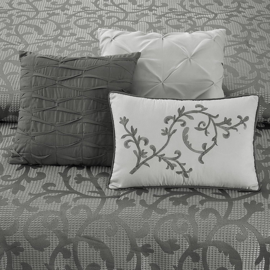 LANCO MODERN LIFESTYLE Grey King Size Comforter Set, Classic Jacquard Floral 14 Pieces Bedding Set, Ultra Soft for All Seasons, Sheets, Bedskirt, Throw, Matching Shams and Decor Pillows