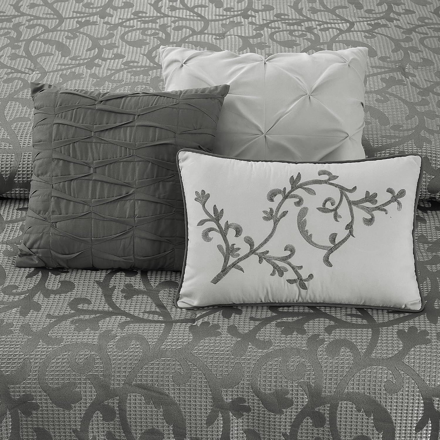 LANCO MODERN LIFESTYLE Grey King Size Comforter Set, Classic Jacquard Floral 14 Pieces Bedding Set, Ultra Soft for All Seasons, Sheets, Bedskirt, Throw, Matching Shams and Decor Pillows