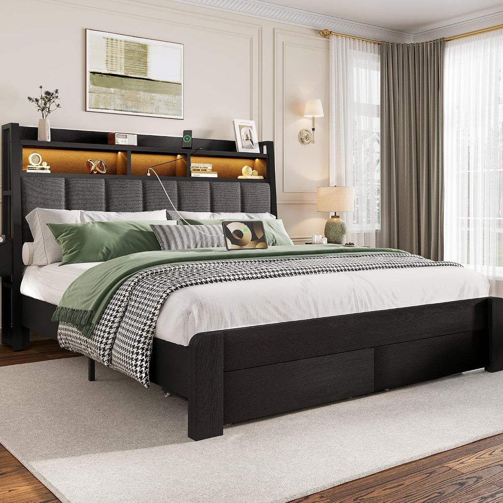 BRELTAM King Bed Frame with upholstered Headboard & Storage Drawers Metal Platform Bed Frames King Size with LED Lights Built in Charging Station, No Box Spring Needed, No Noise, Easy Assembly,Black