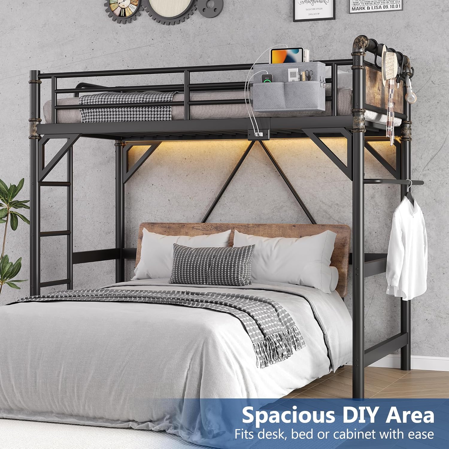 Twin Size Loft Bed with LED Lights and Charging Station, Industrial Heavy Duty Metal Loft Bed Frame with Ladder and Guardrail for Kids Adults, Small Space Saving Design for Bedroom Dorm, Vintage Brown