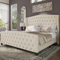 BRELTAM Upholstered King Size Bed Frame Velvet Beige Tufted Platform Bed Frame with Wingback Headboard & Footboard, with Deep Button Tufted & Nailhead Wooden Slats Support, No Box Spring Needed