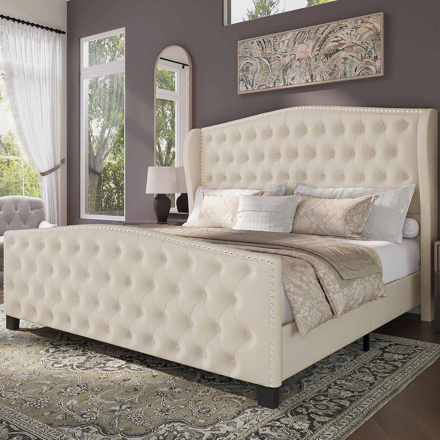 BRELTAM Upholstered King Size Bed Frame Velvet Beige Tufted Platform Bed Frame with Wingback Headboard & Footboard, with Deep Button Tufted & Nailhead Wooden Slats Support, No Box Spring Needed