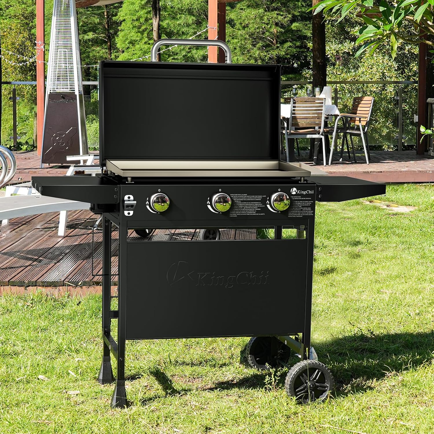 KingChii 28' 3-Burner Griddle with Integrated Protective Hood and Counter Height Side Shelves, Powder Coated Steel, Black