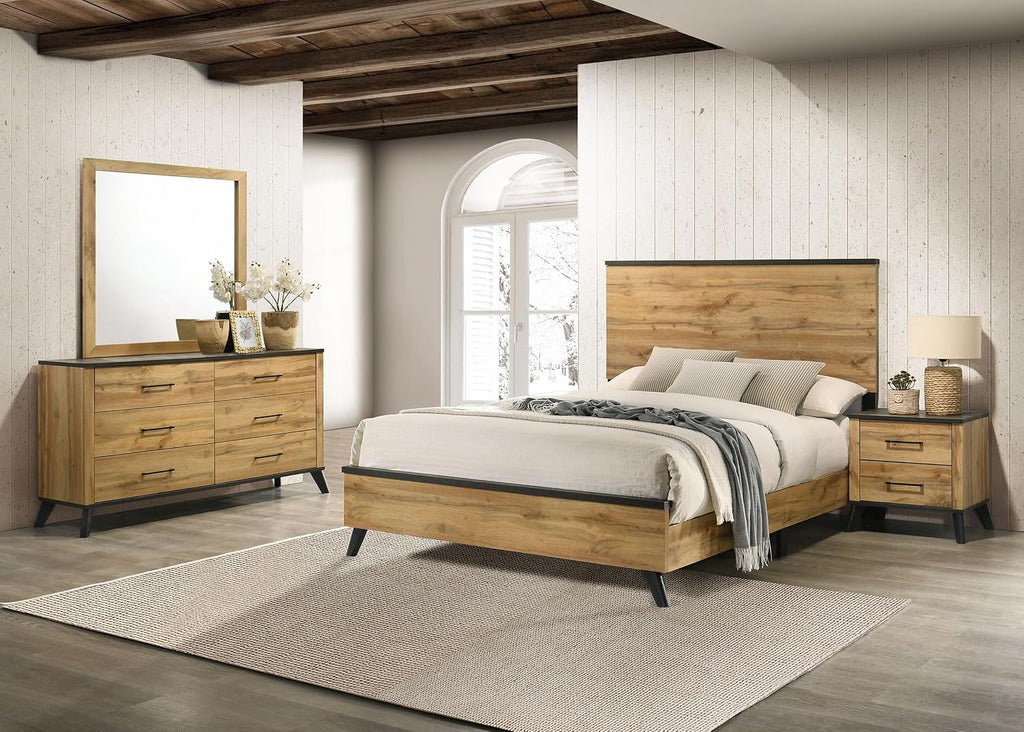 Coaster Home Furnishings Kaywood Mid-Century Modern 4-Piece Bedroom Set Full Size Panel Bed Frame 52-inch Headboard Weathered Brown and Natural Pine 225001F-S4