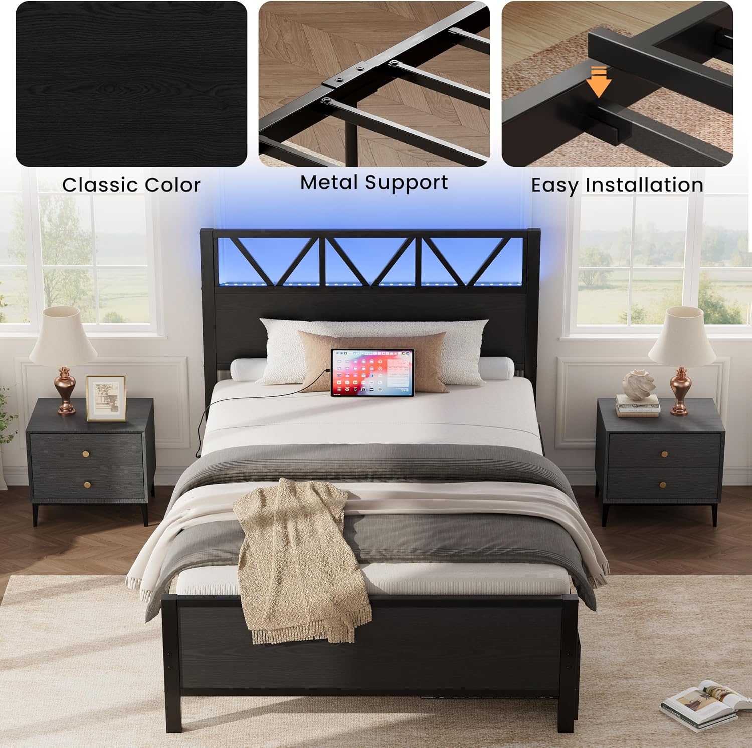 LIKIMIO Twin Bed Frames with 2 Storage Drawers, Charging Station and LED Lights, Platform Twin Bed with Headboard, Strong Metal Slats, No Box Spring Needed, Easy Assembly, Noise-Free, Black