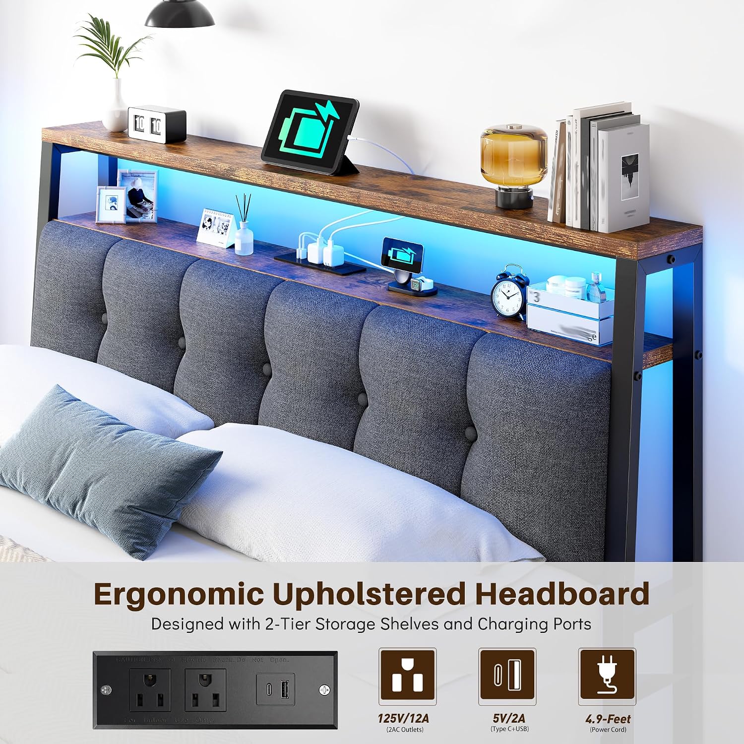 Full Size Bed Frame with Charging Station,Bed Frame Full Size with LED Linghts Have Upholstered Storage Headboard and 12' Under-Bed Storage, Providing Noise-Free and No-Sliding Support,Vintage Brown