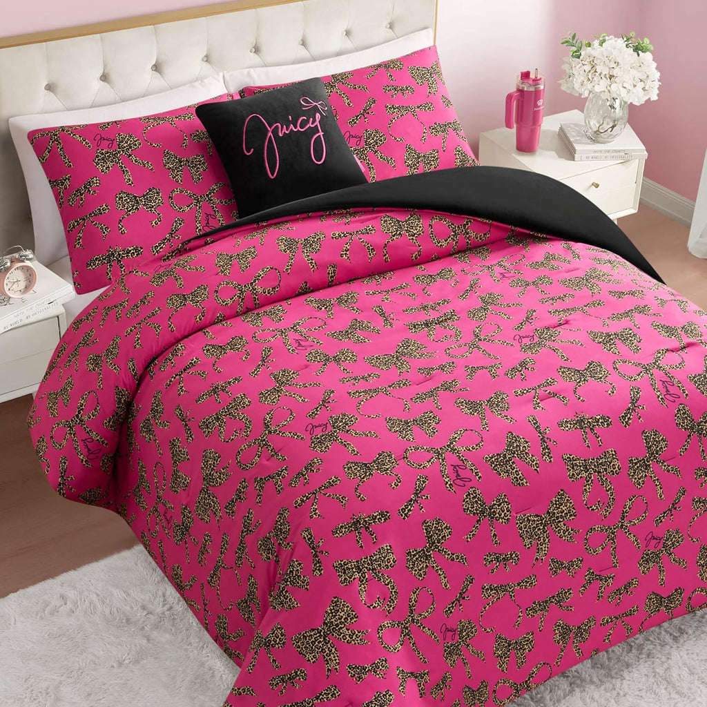 Juicy Couture Plush Reversible Cheetah Bows 4-Piece King Comforter Set with Decorative Pillow